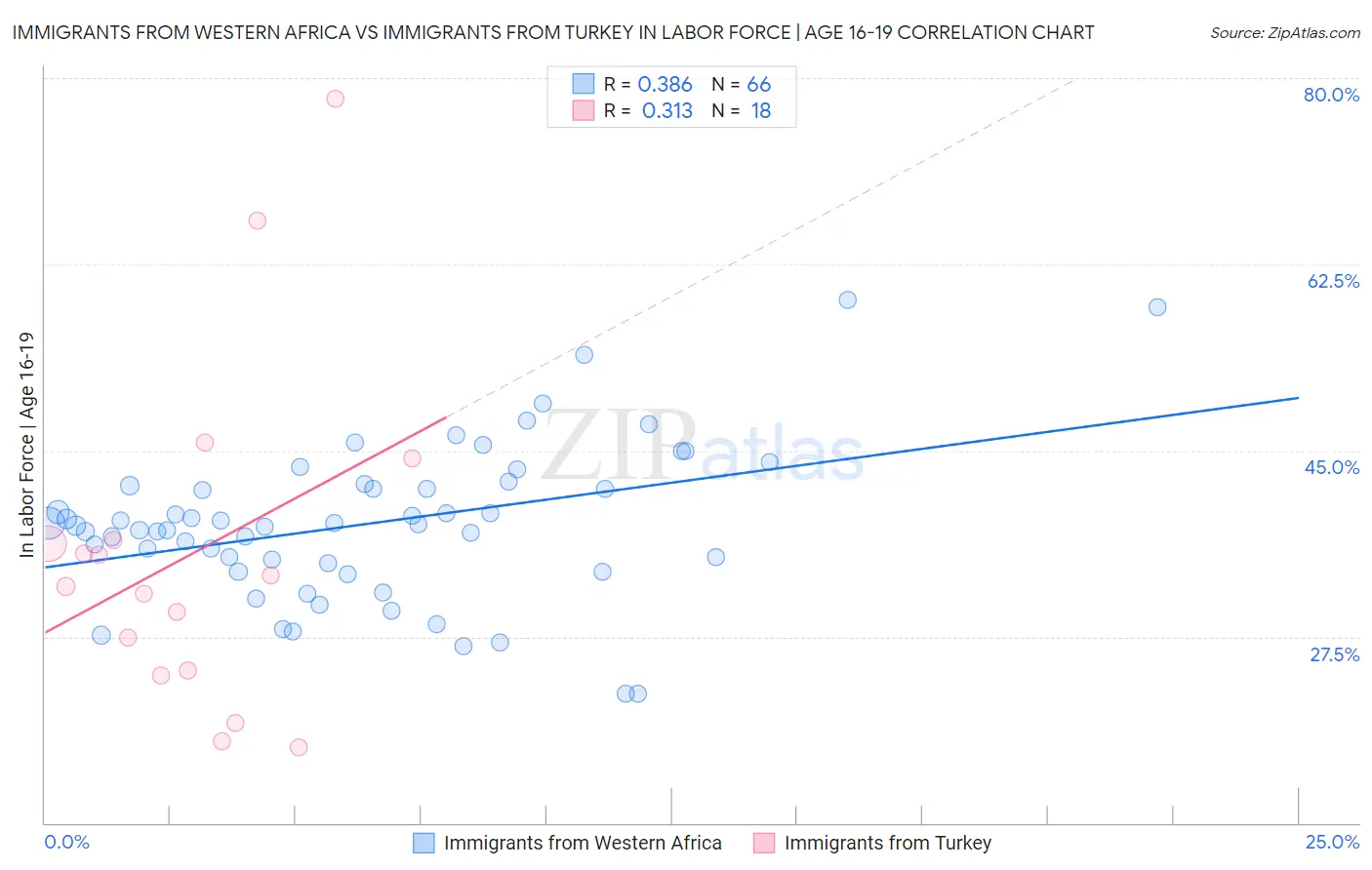 Immigrants from Western Africa vs Immigrants from Turkey In Labor Force | Age 16-19