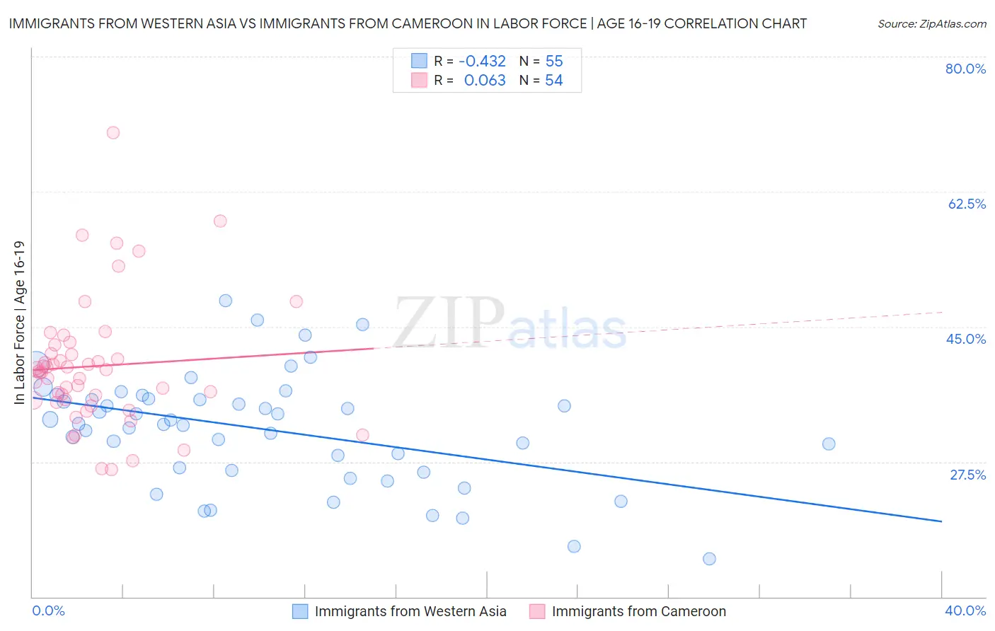 Immigrants from Western Asia vs Immigrants from Cameroon In Labor Force | Age 16-19