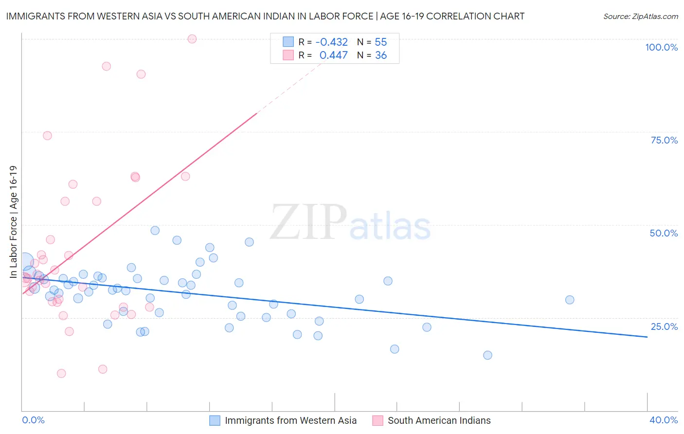 Immigrants from Western Asia vs South American Indian In Labor Force | Age 16-19