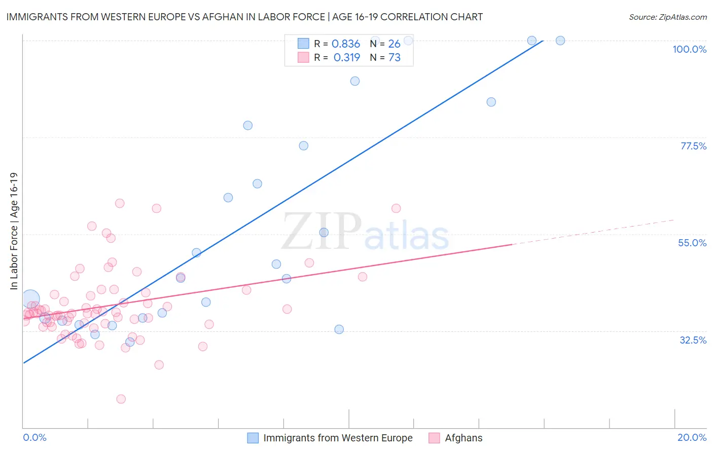 Immigrants from Western Europe vs Afghan In Labor Force | Age 16-19