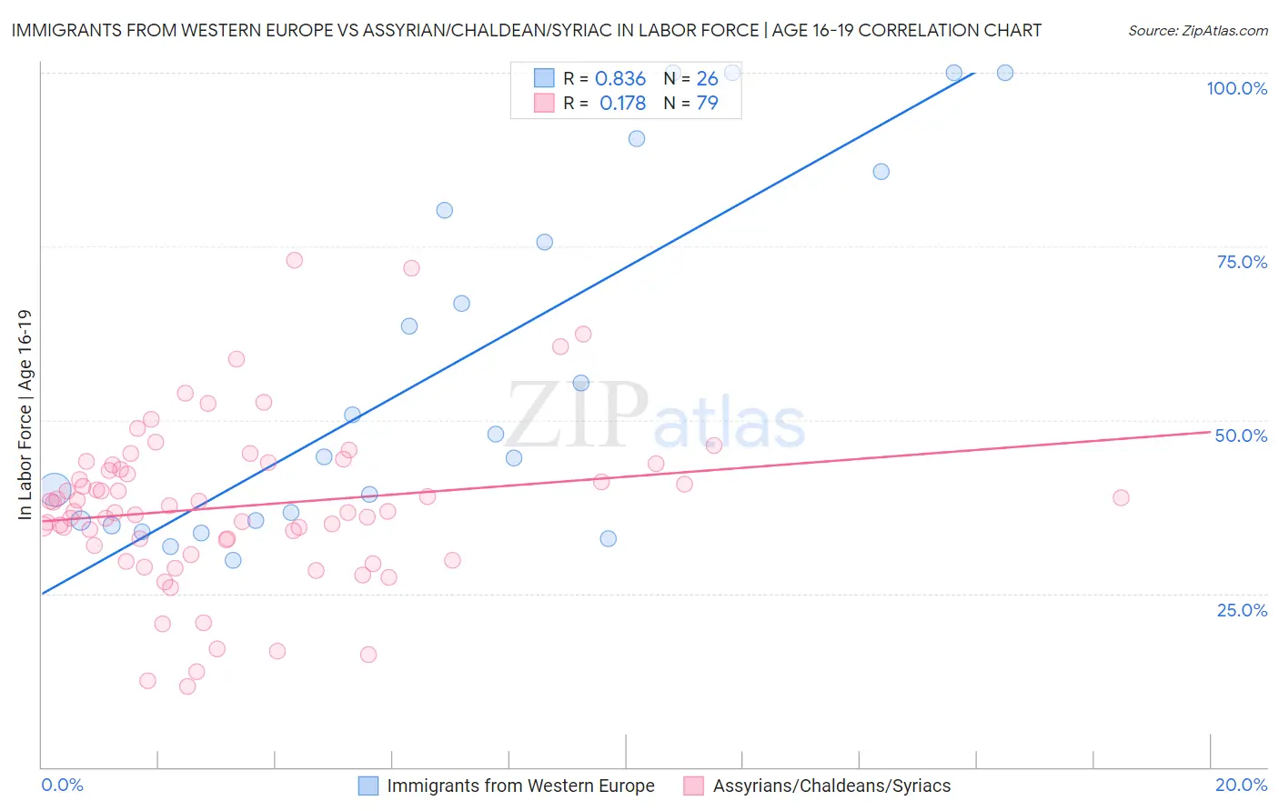 Immigrants from Western Europe vs Assyrian/Chaldean/Syriac In Labor Force | Age 16-19