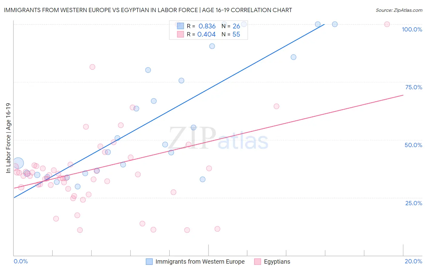 Immigrants from Western Europe vs Egyptian In Labor Force | Age 16-19