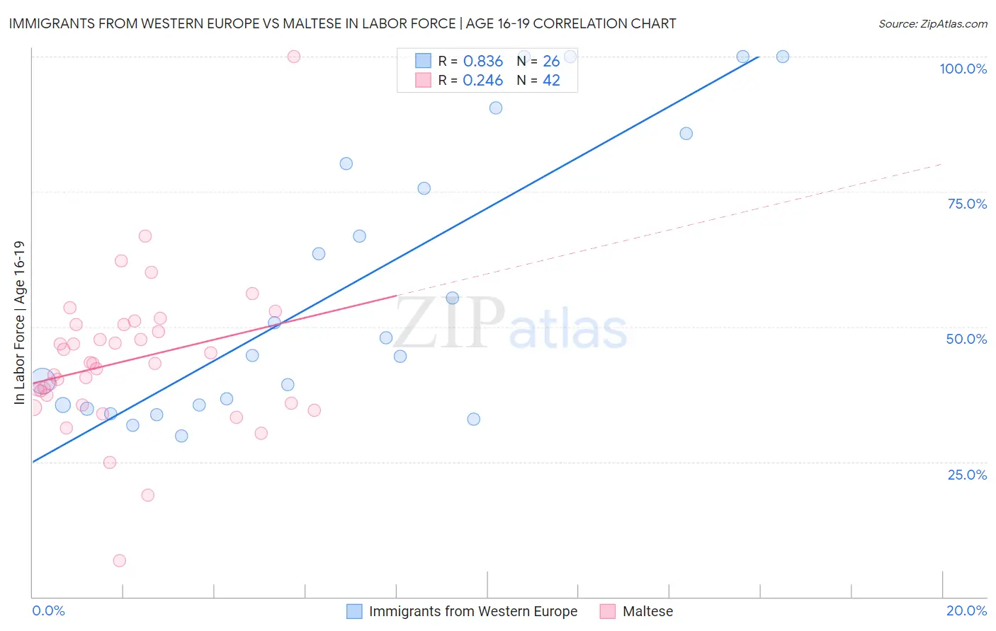 Immigrants from Western Europe vs Maltese In Labor Force | Age 16-19