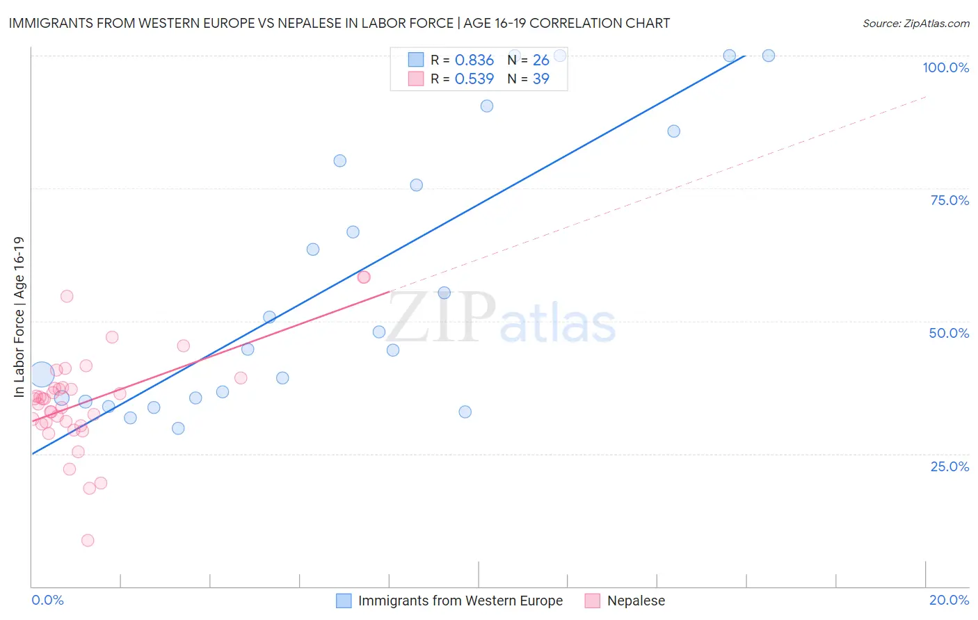 Immigrants from Western Europe vs Nepalese In Labor Force | Age 16-19