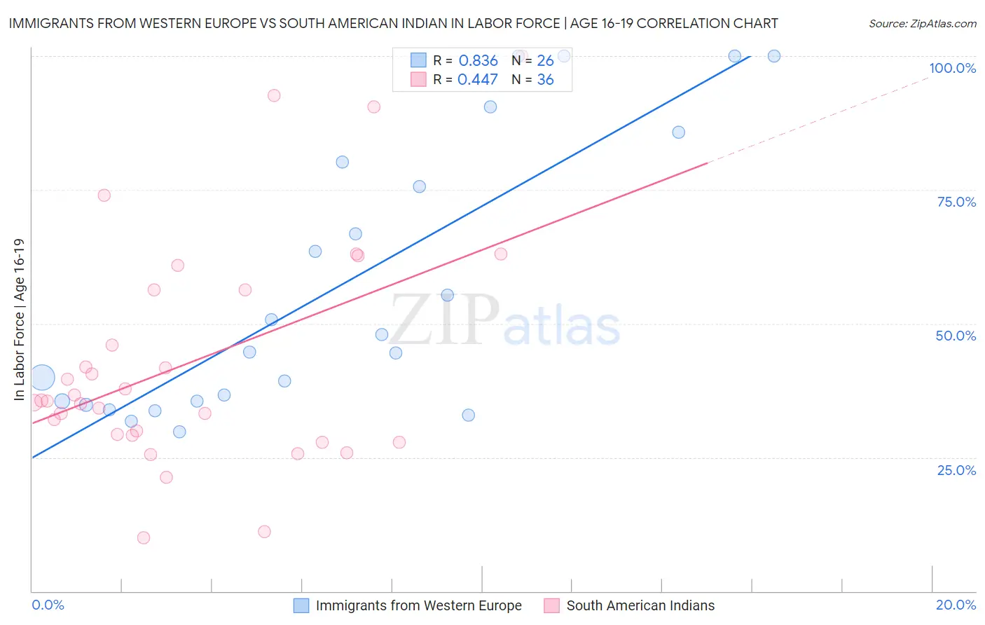 Immigrants from Western Europe vs South American Indian In Labor Force | Age 16-19