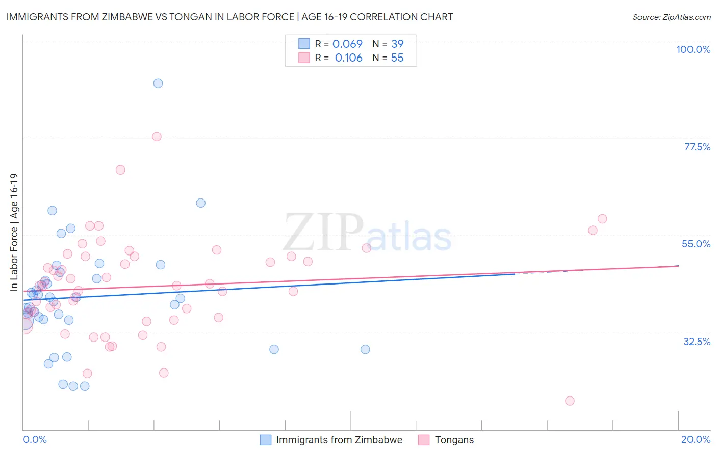 Immigrants from Zimbabwe vs Tongan In Labor Force | Age 16-19