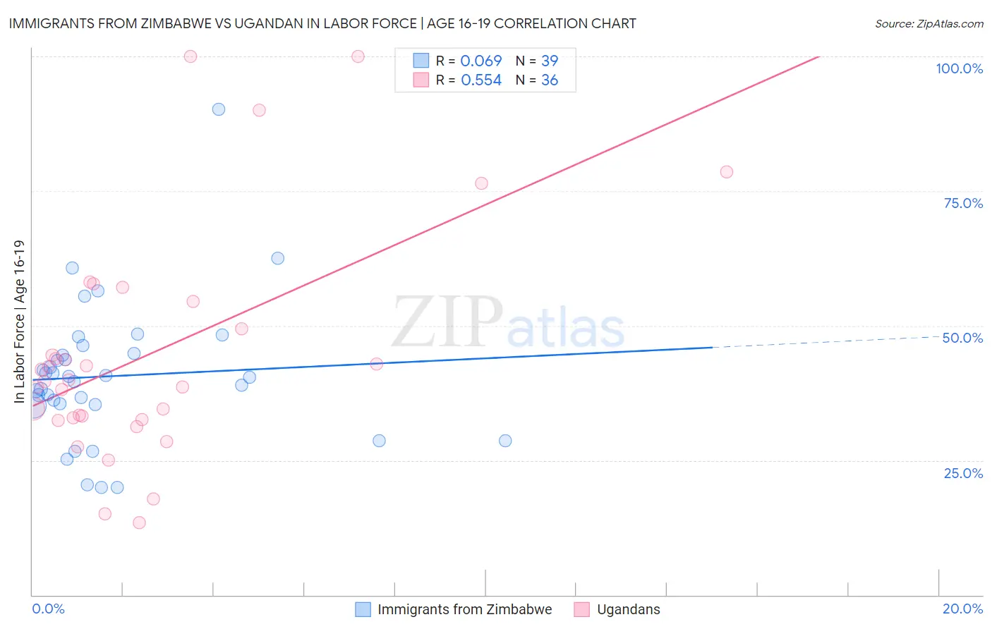 Immigrants from Zimbabwe vs Ugandan In Labor Force | Age 16-19