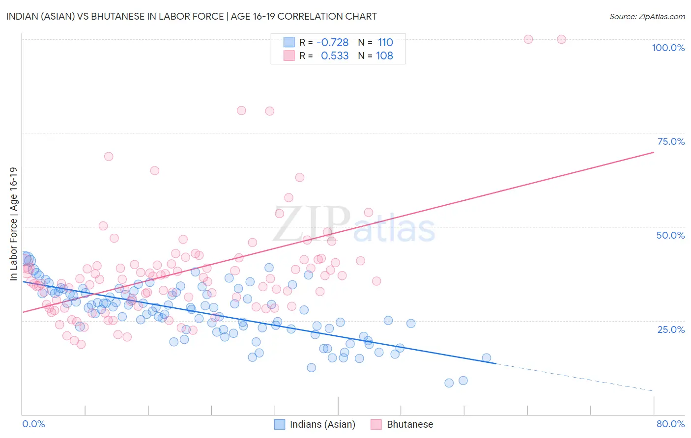 Indian (Asian) vs Bhutanese In Labor Force | Age 16-19