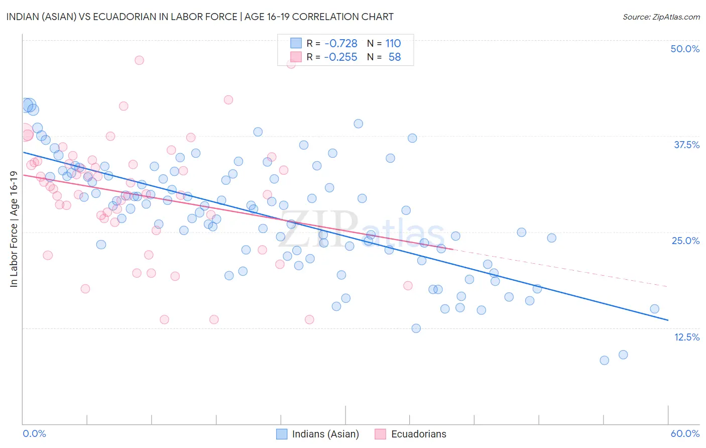 Indian (Asian) vs Ecuadorian In Labor Force | Age 16-19