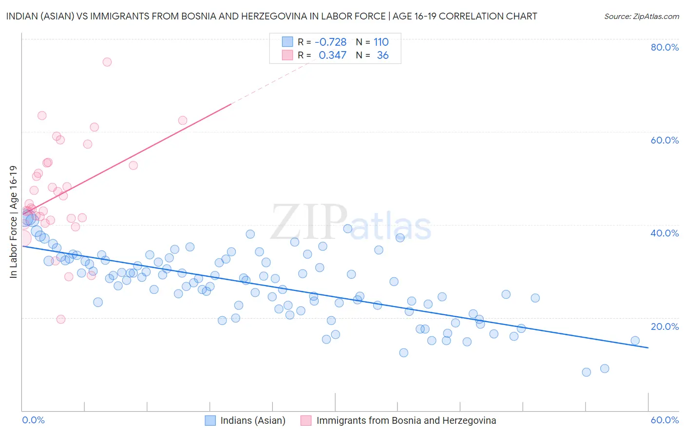 Indian (Asian) vs Immigrants from Bosnia and Herzegovina In Labor Force | Age 16-19