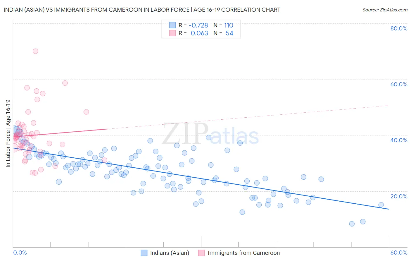 Indian (Asian) vs Immigrants from Cameroon In Labor Force | Age 16-19