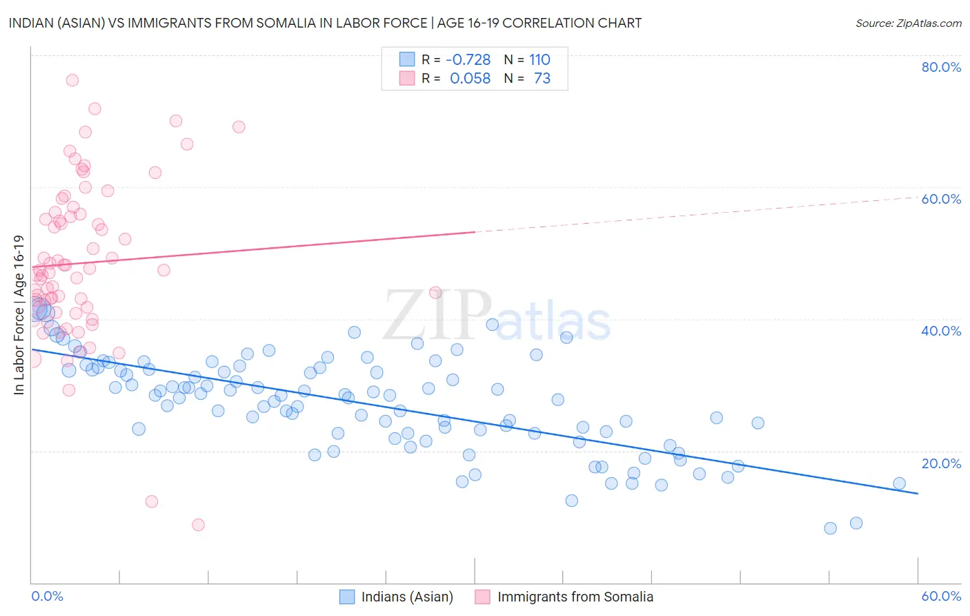 Indian (Asian) vs Immigrants from Somalia In Labor Force | Age 16-19