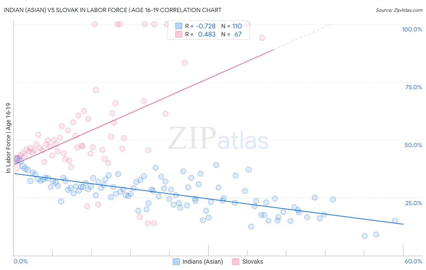 Indian (Asian) vs Slovak In Labor Force | Age 16-19