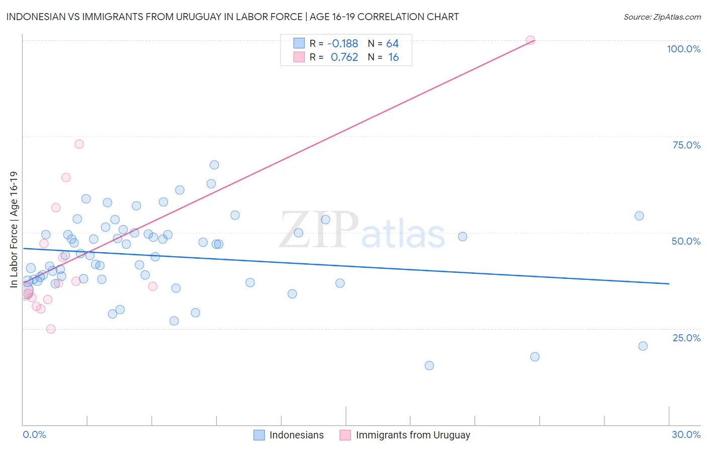 Indonesian vs Immigrants from Uruguay In Labor Force | Age 16-19