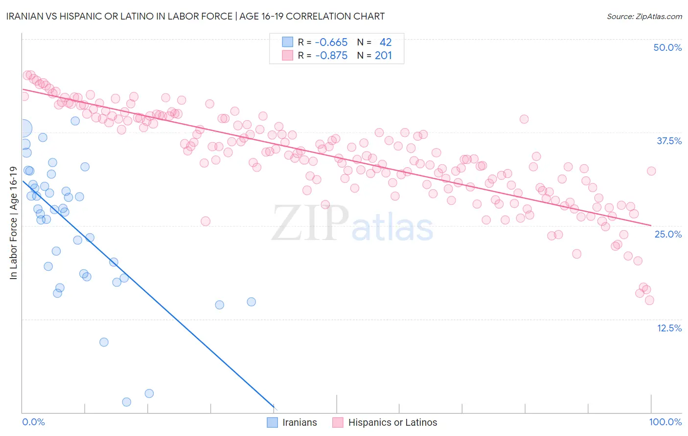 Iranian vs Hispanic or Latino In Labor Force | Age 16-19