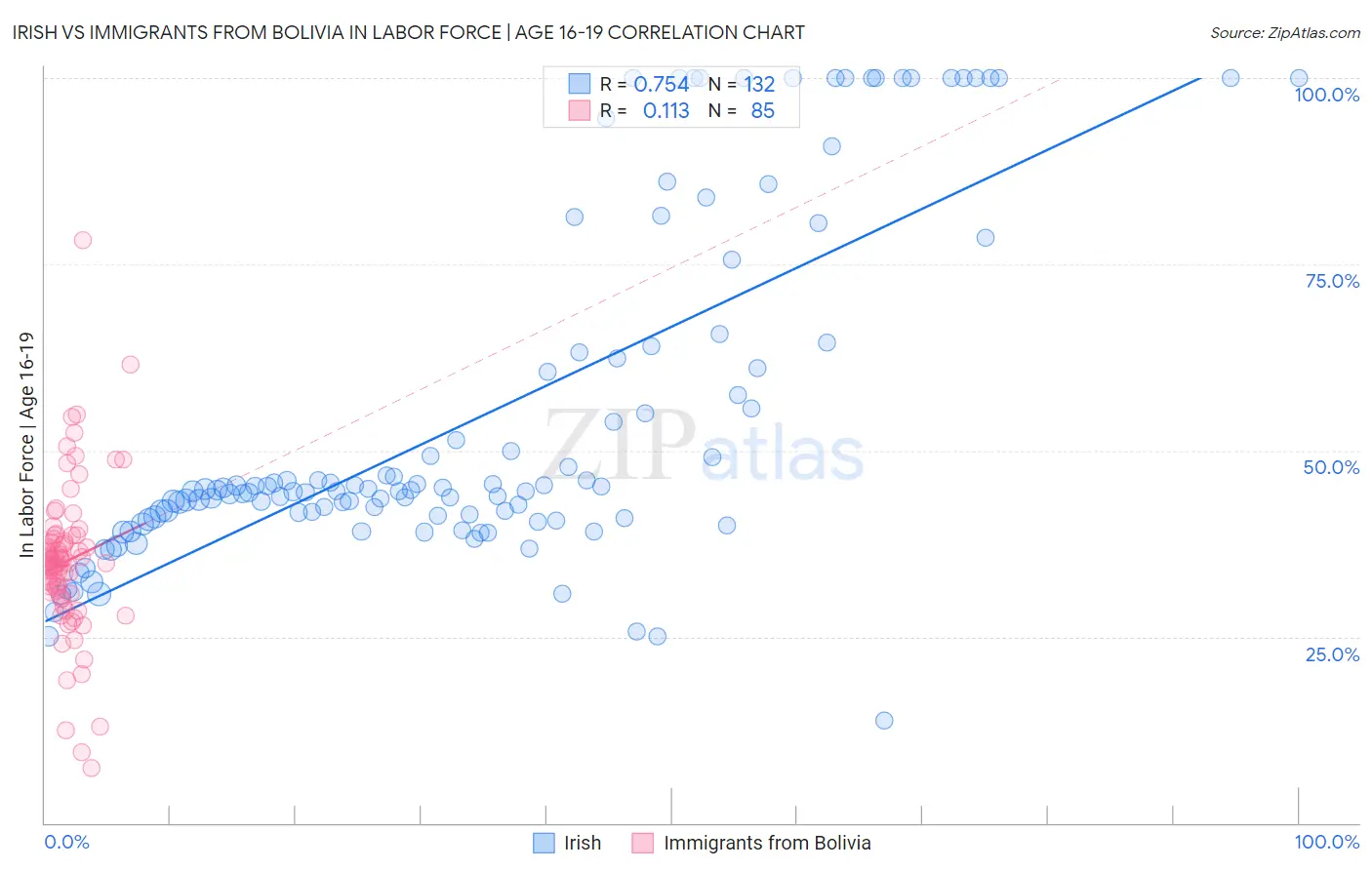 Irish vs Immigrants from Bolivia In Labor Force | Age 16-19