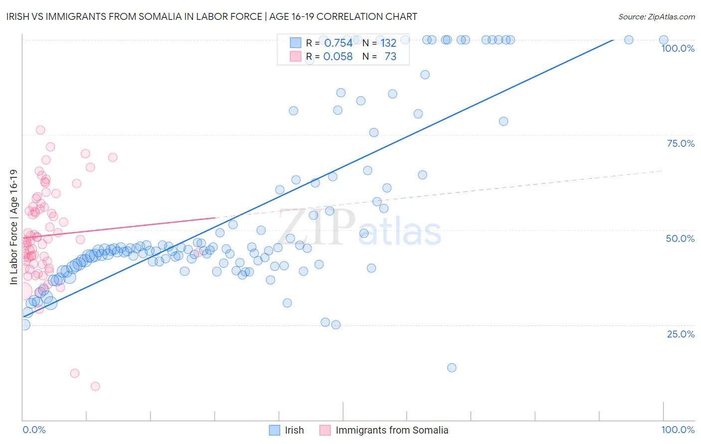 Irish vs Immigrants from Somalia In Labor Force | Age 16-19
