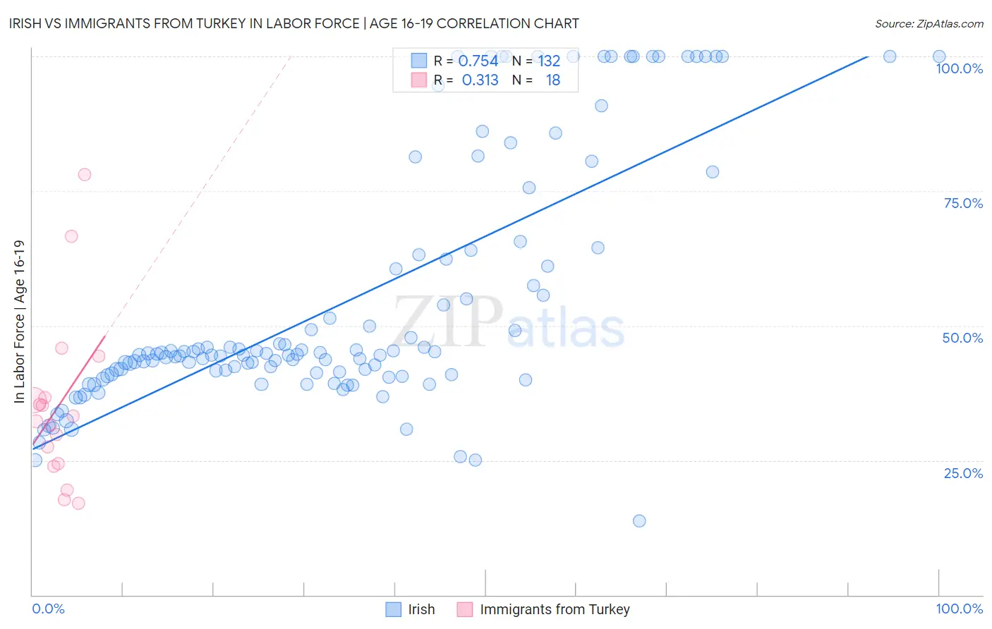 Irish vs Immigrants from Turkey In Labor Force | Age 16-19