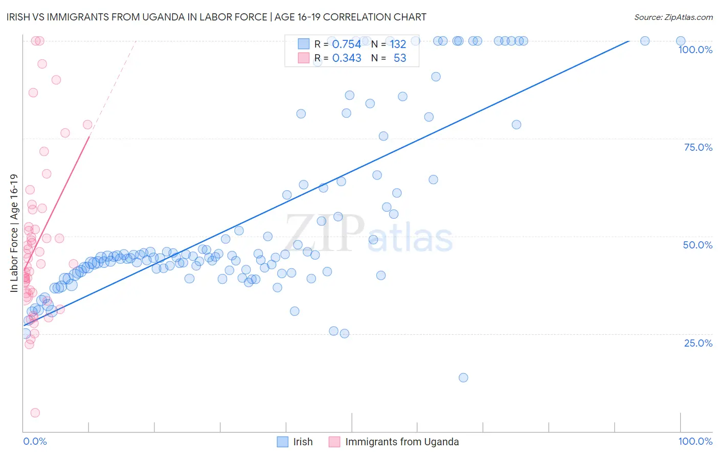 Irish vs Immigrants from Uganda In Labor Force | Age 16-19