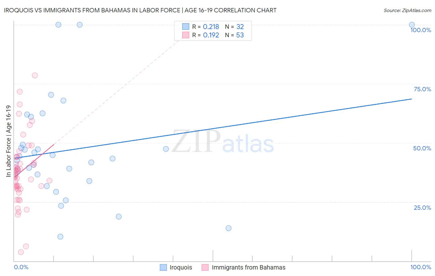 Iroquois vs Immigrants from Bahamas In Labor Force | Age 16-19