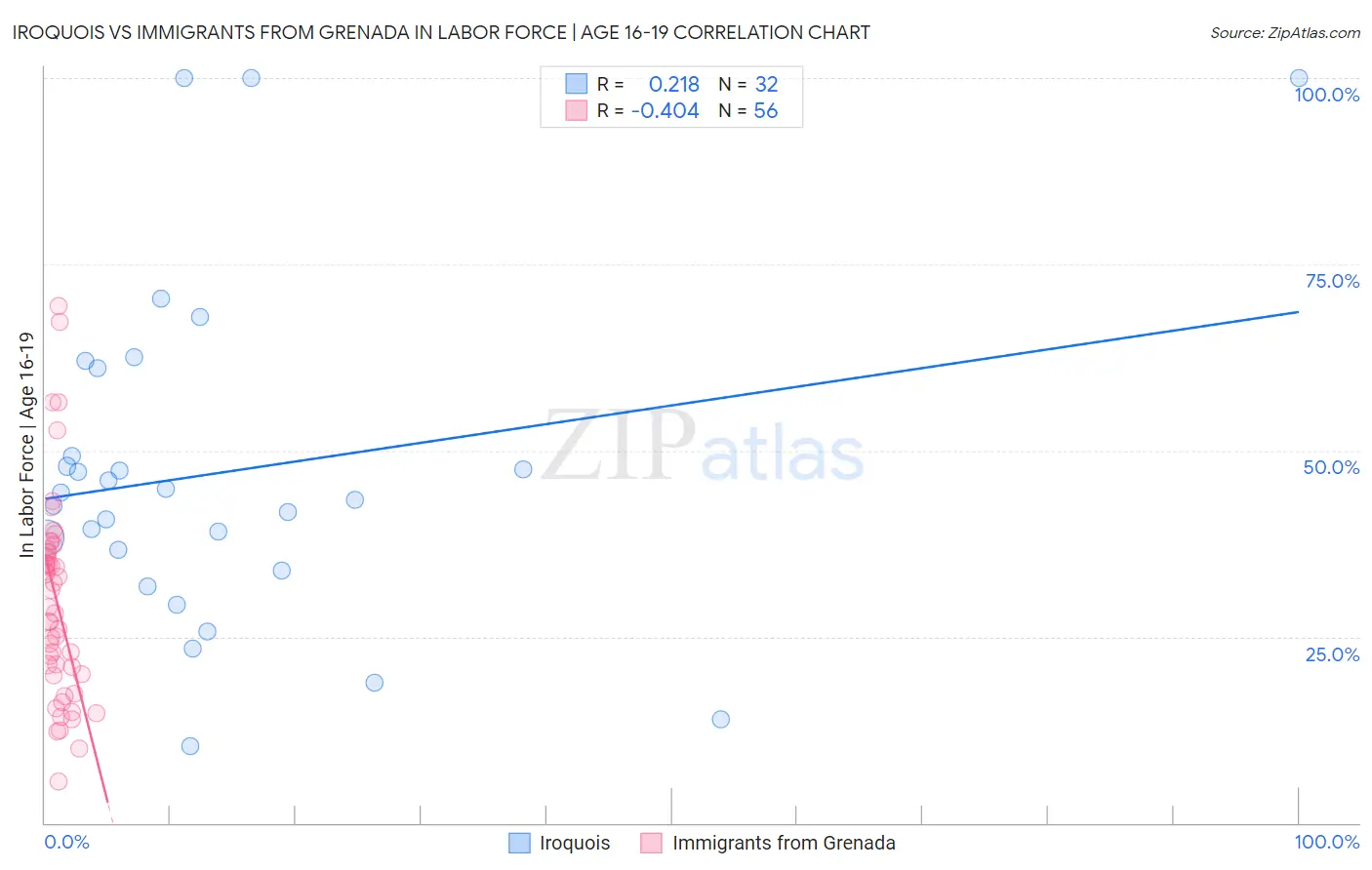 Iroquois vs Immigrants from Grenada In Labor Force | Age 16-19