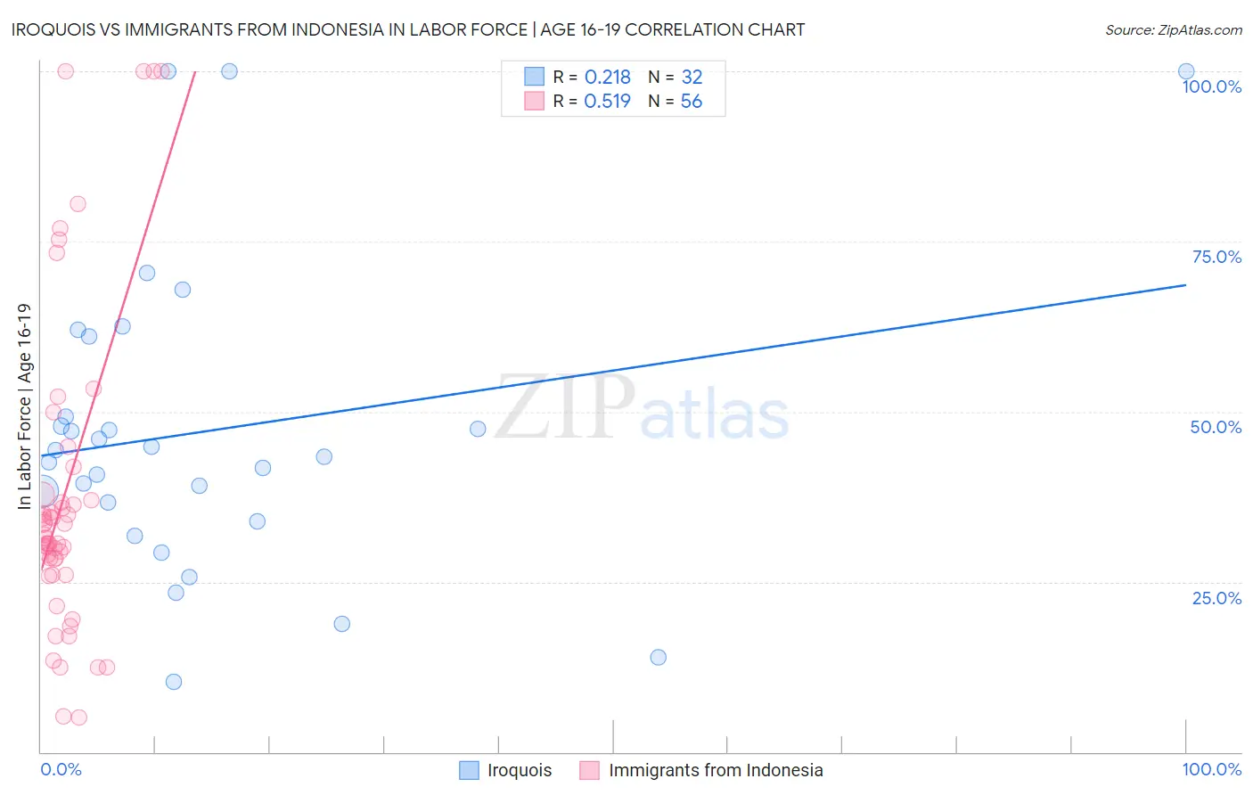 Iroquois vs Immigrants from Indonesia In Labor Force | Age 16-19