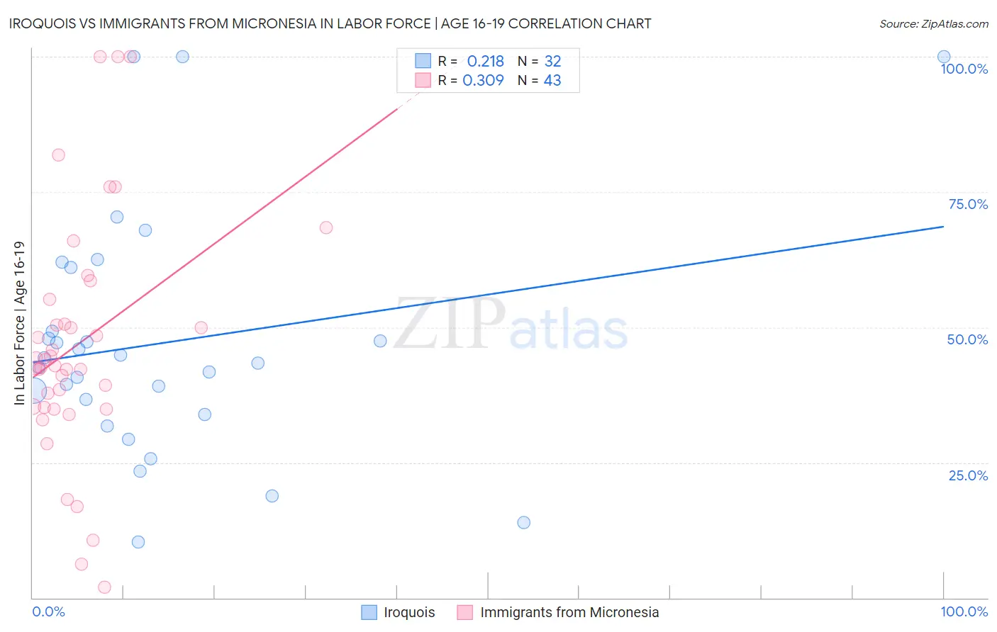 Iroquois vs Immigrants from Micronesia In Labor Force | Age 16-19