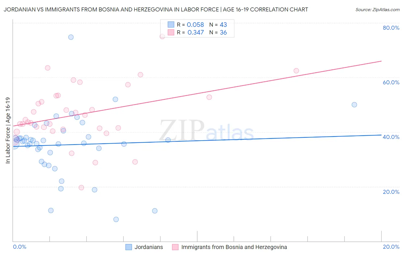 Jordanian vs Immigrants from Bosnia and Herzegovina In Labor Force | Age 16-19