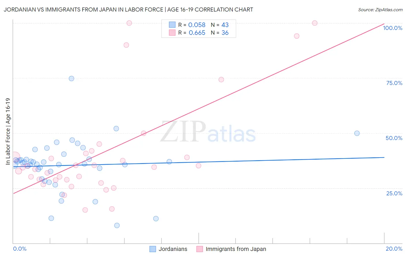 Jordanian vs Immigrants from Japan In Labor Force | Age 16-19