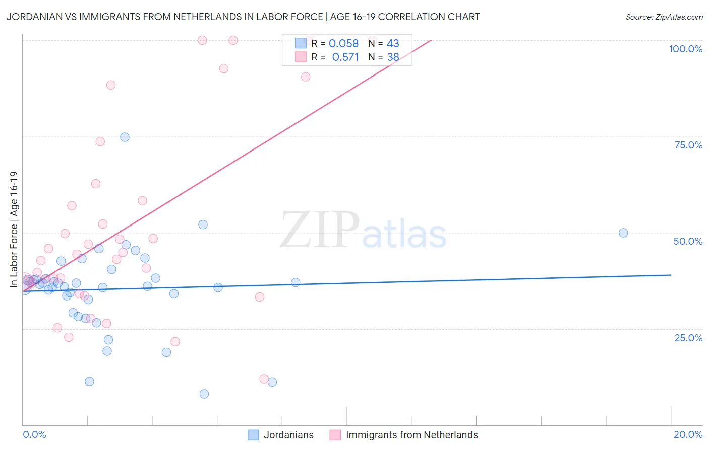 Jordanian vs Immigrants from Netherlands In Labor Force | Age 16-19