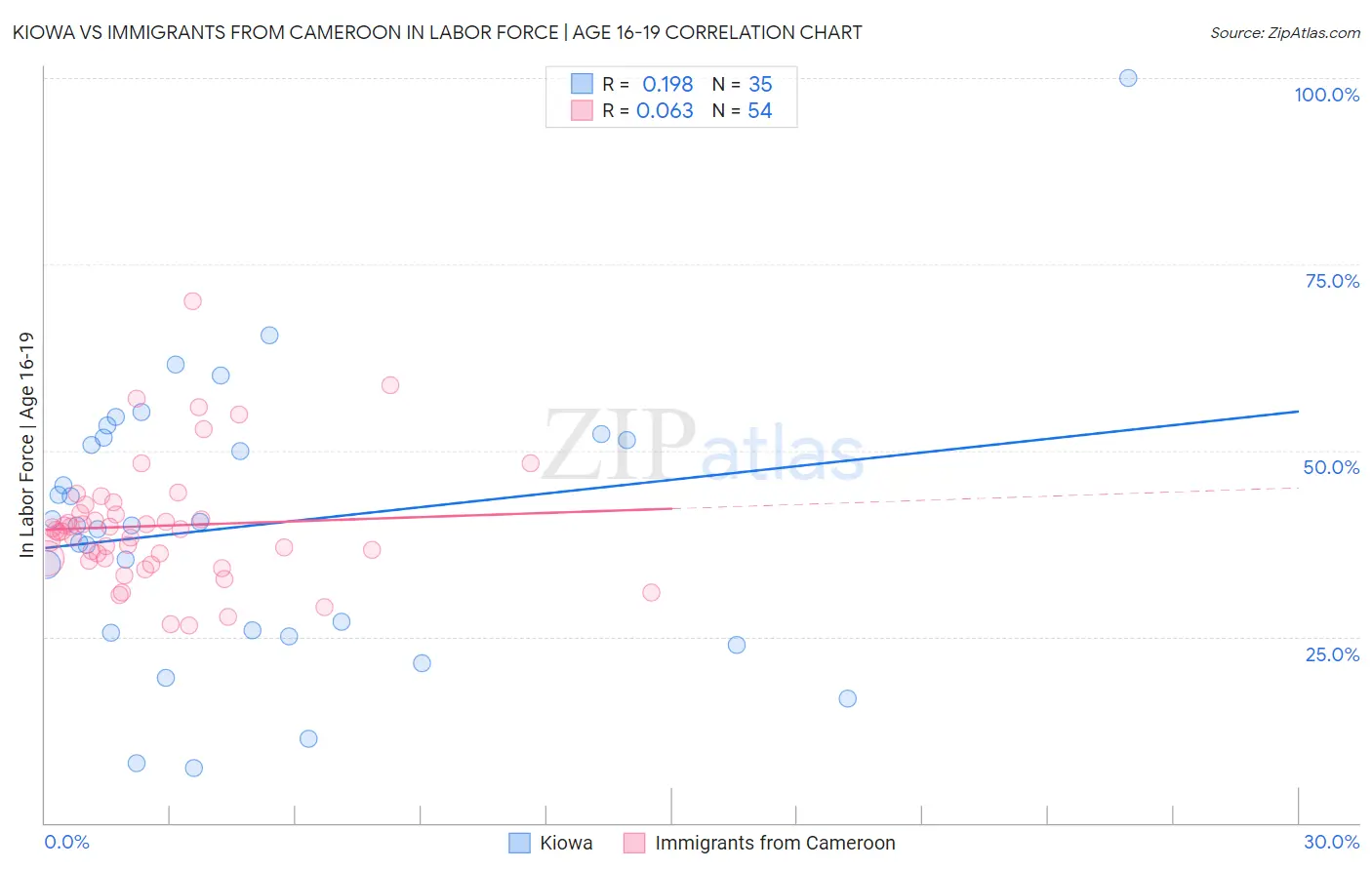 Kiowa vs Immigrants from Cameroon In Labor Force | Age 16-19