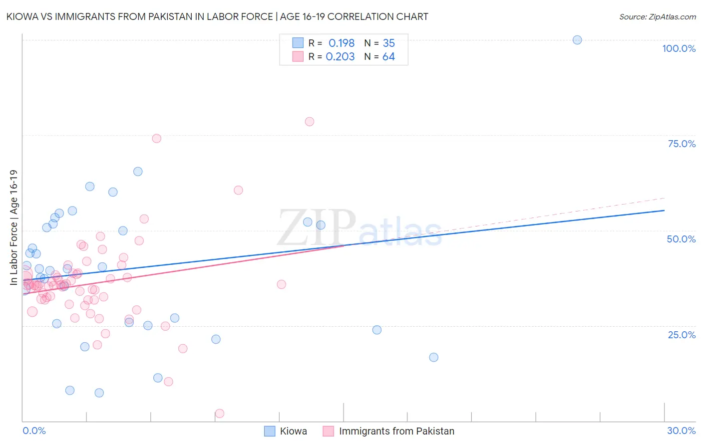 Kiowa vs Immigrants from Pakistan In Labor Force | Age 16-19