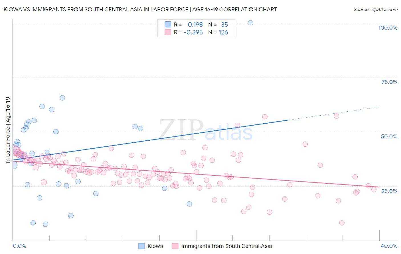 Kiowa vs Immigrants from South Central Asia In Labor Force | Age 16-19