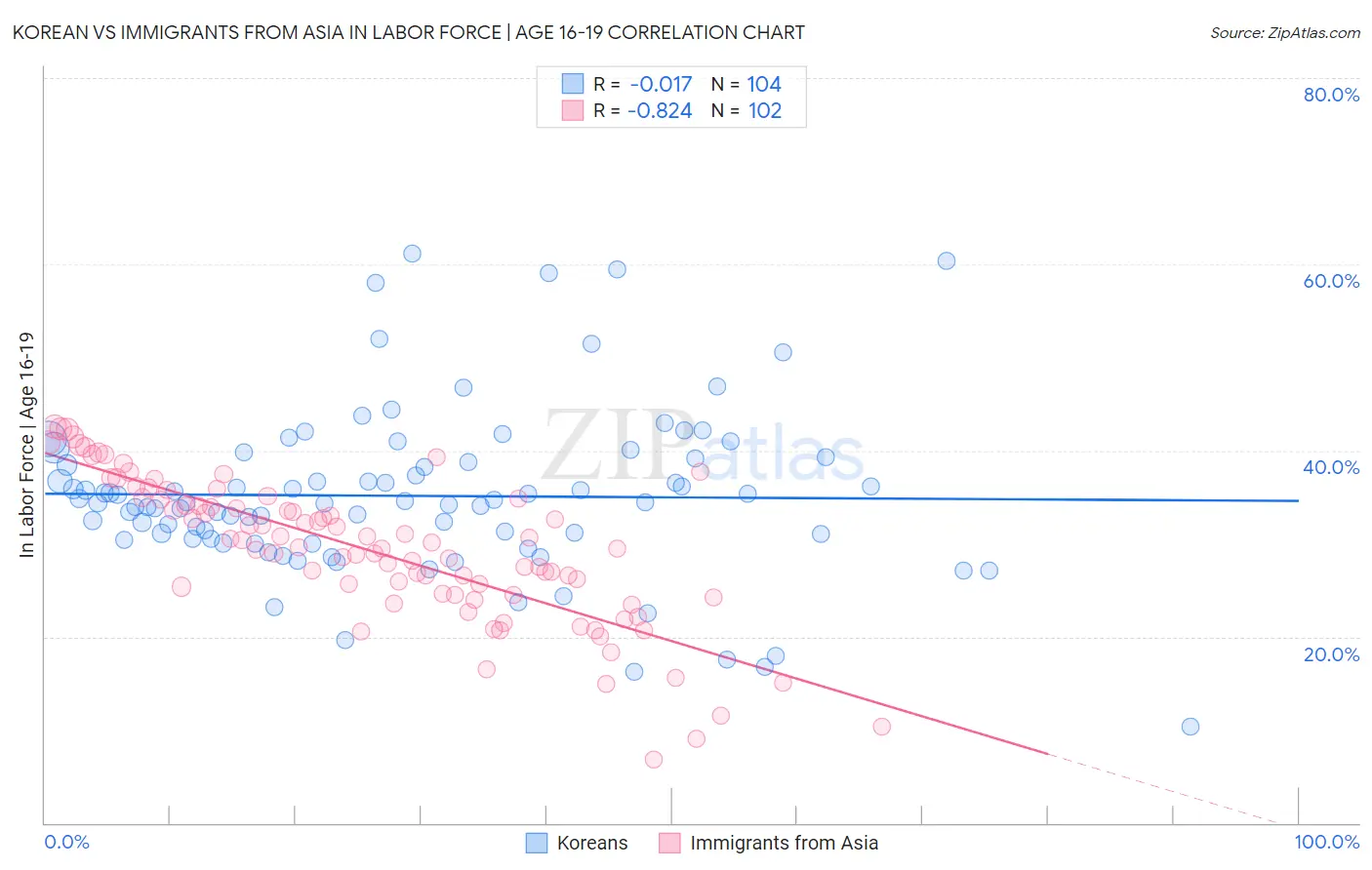 Korean vs Immigrants from Asia In Labor Force | Age 16-19