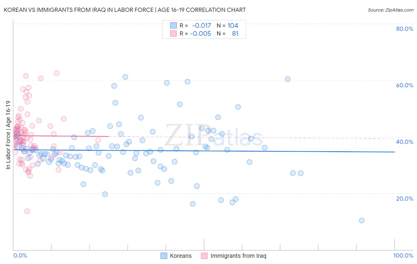 Korean vs Immigrants from Iraq In Labor Force | Age 16-19