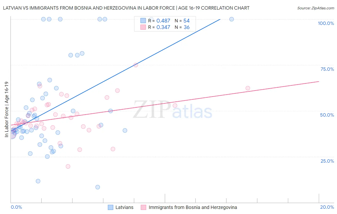 Latvian vs Immigrants from Bosnia and Herzegovina In Labor Force | Age 16-19