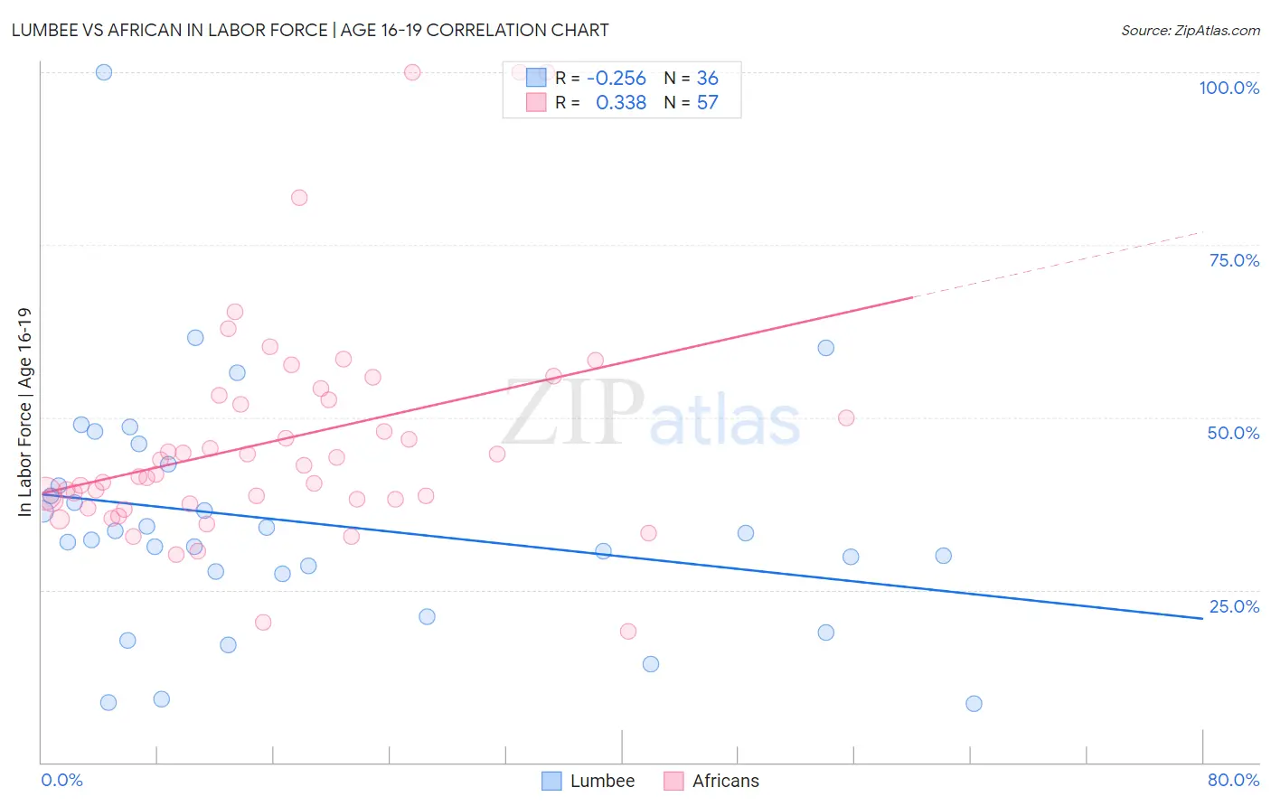 Lumbee vs African In Labor Force | Age 16-19