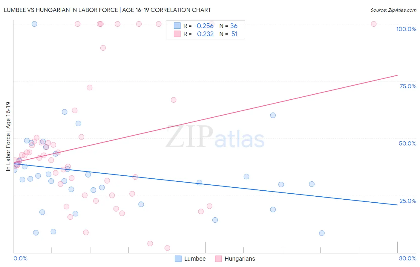 Lumbee vs Hungarian In Labor Force | Age 16-19