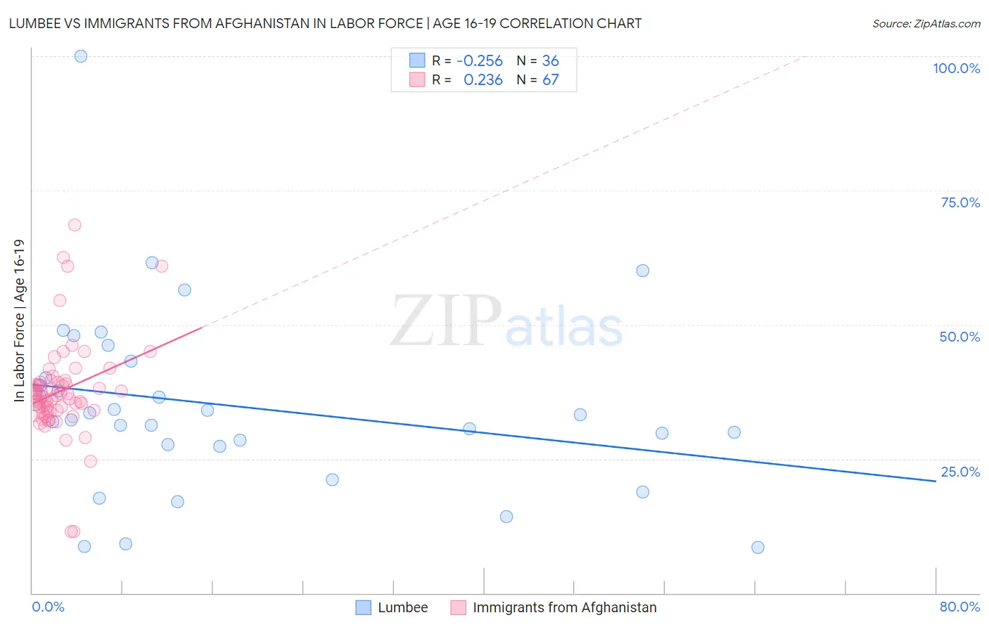 Lumbee vs Immigrants from Afghanistan In Labor Force | Age 16-19