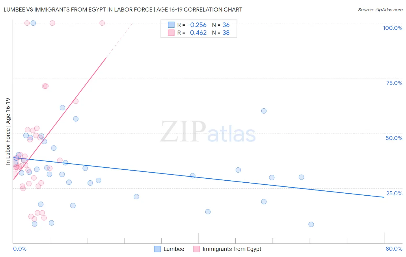 Lumbee vs Immigrants from Egypt In Labor Force | Age 16-19