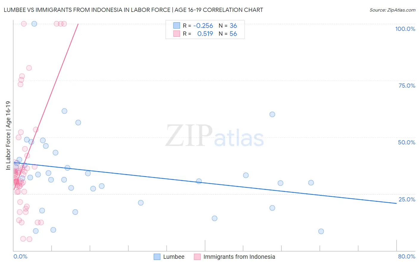 Lumbee vs Immigrants from Indonesia In Labor Force | Age 16-19