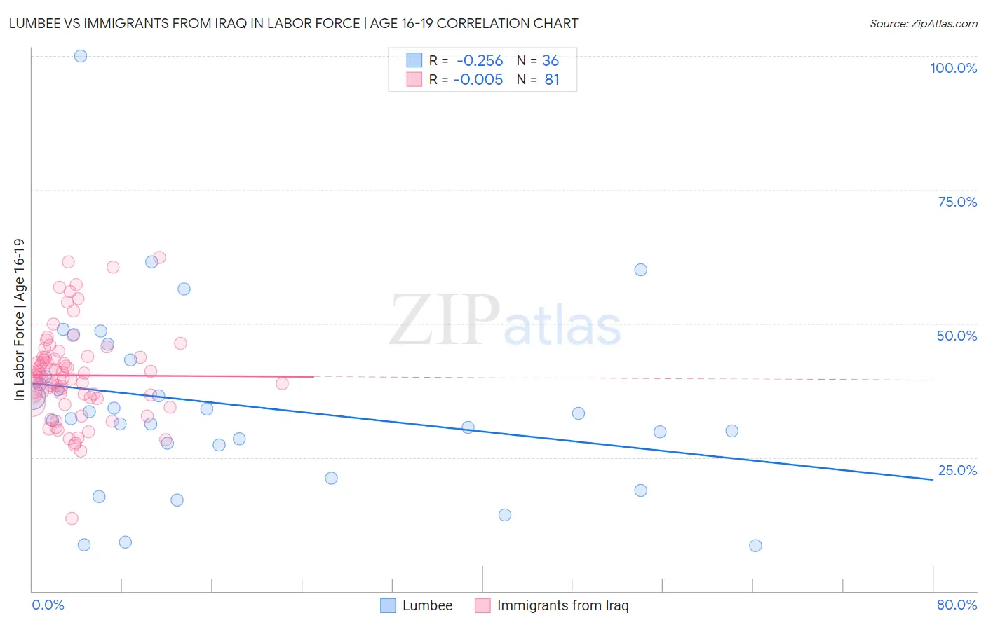 Lumbee vs Immigrants from Iraq In Labor Force | Age 16-19