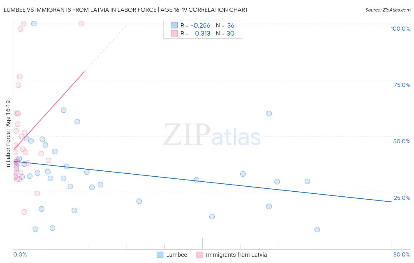 Lumbee vs Immigrants from Latvia In Labor Force | Age 16-19