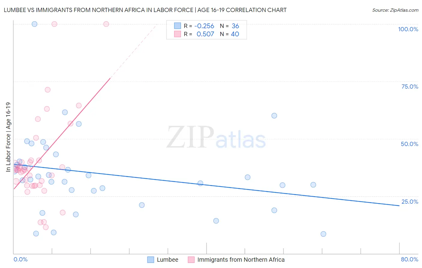 Lumbee vs Immigrants from Northern Africa In Labor Force | Age 16-19