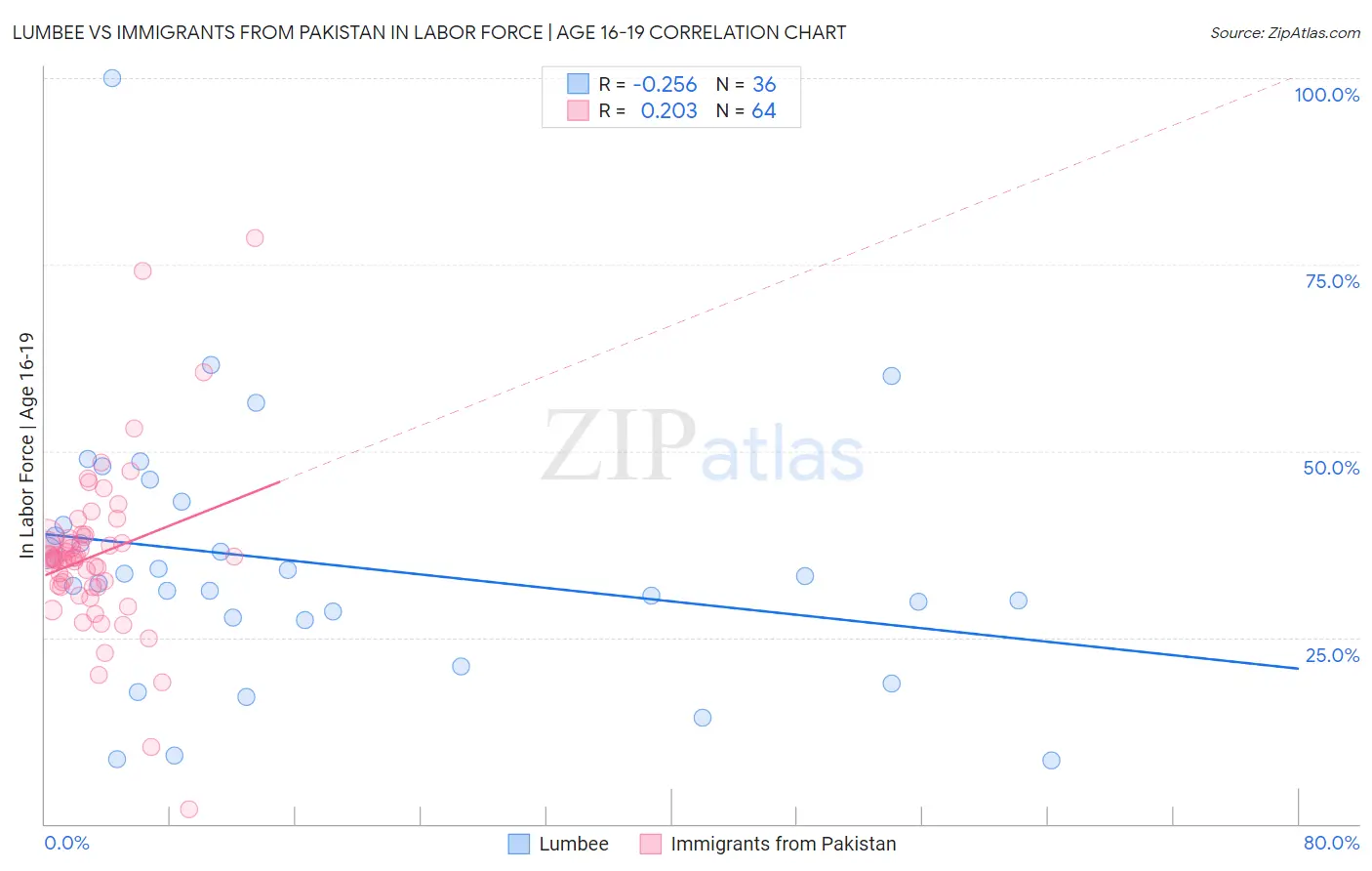 Lumbee vs Immigrants from Pakistan In Labor Force | Age 16-19