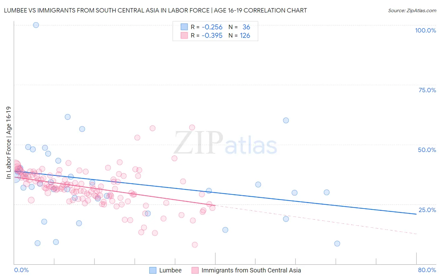 Lumbee vs Immigrants from South Central Asia In Labor Force | Age 16-19