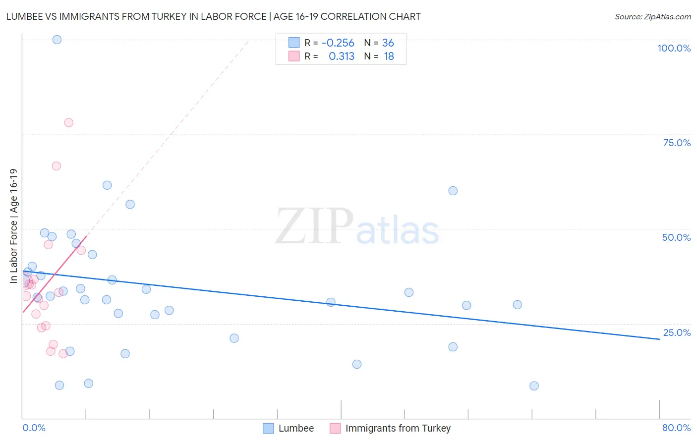 Lumbee vs Immigrants from Turkey In Labor Force | Age 16-19