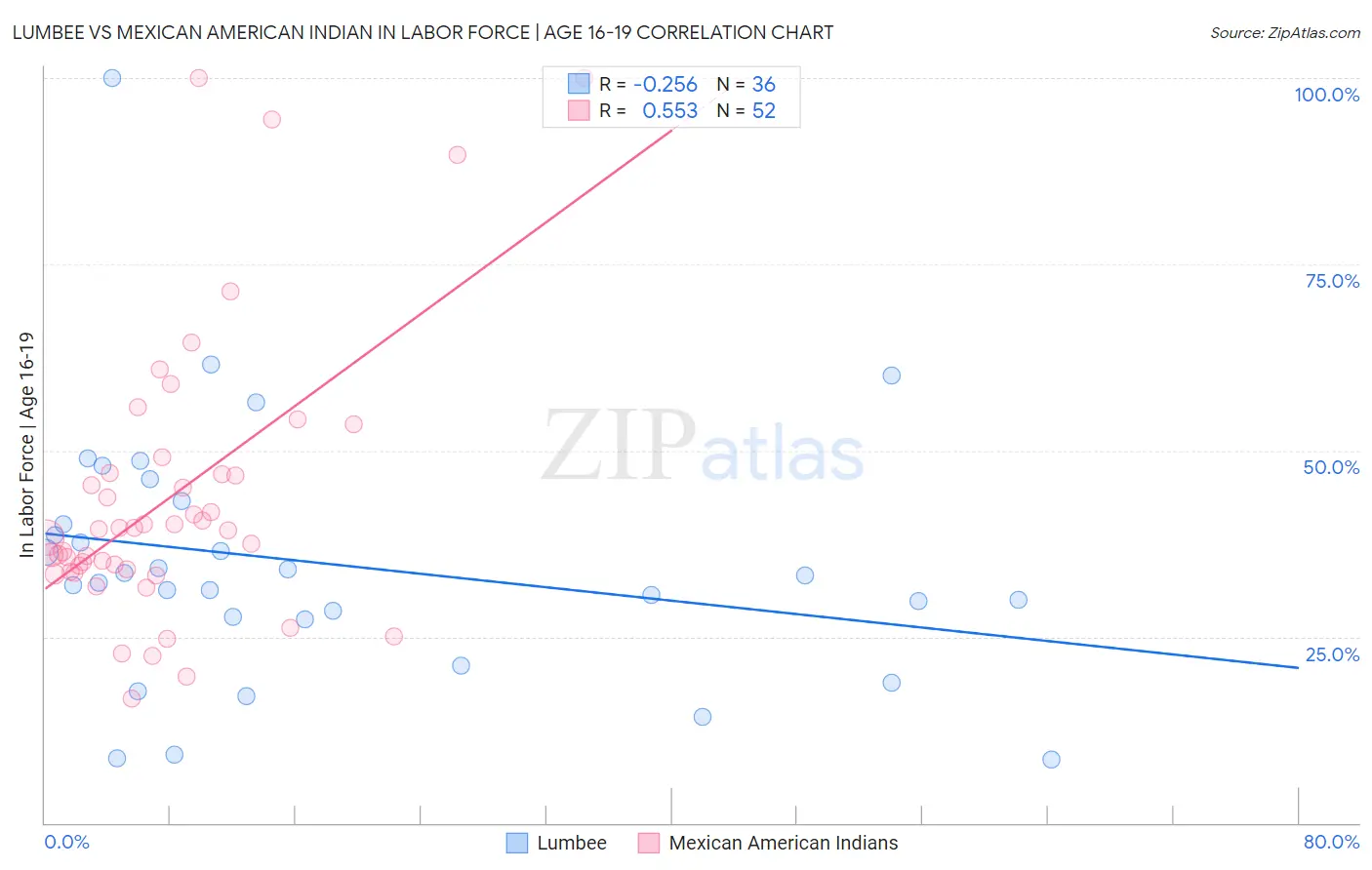 Lumbee vs Mexican American Indian In Labor Force | Age 16-19