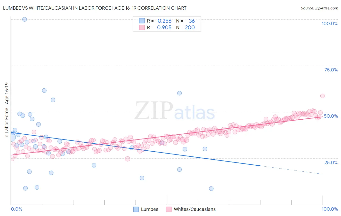 Lumbee vs White/Caucasian In Labor Force | Age 16-19