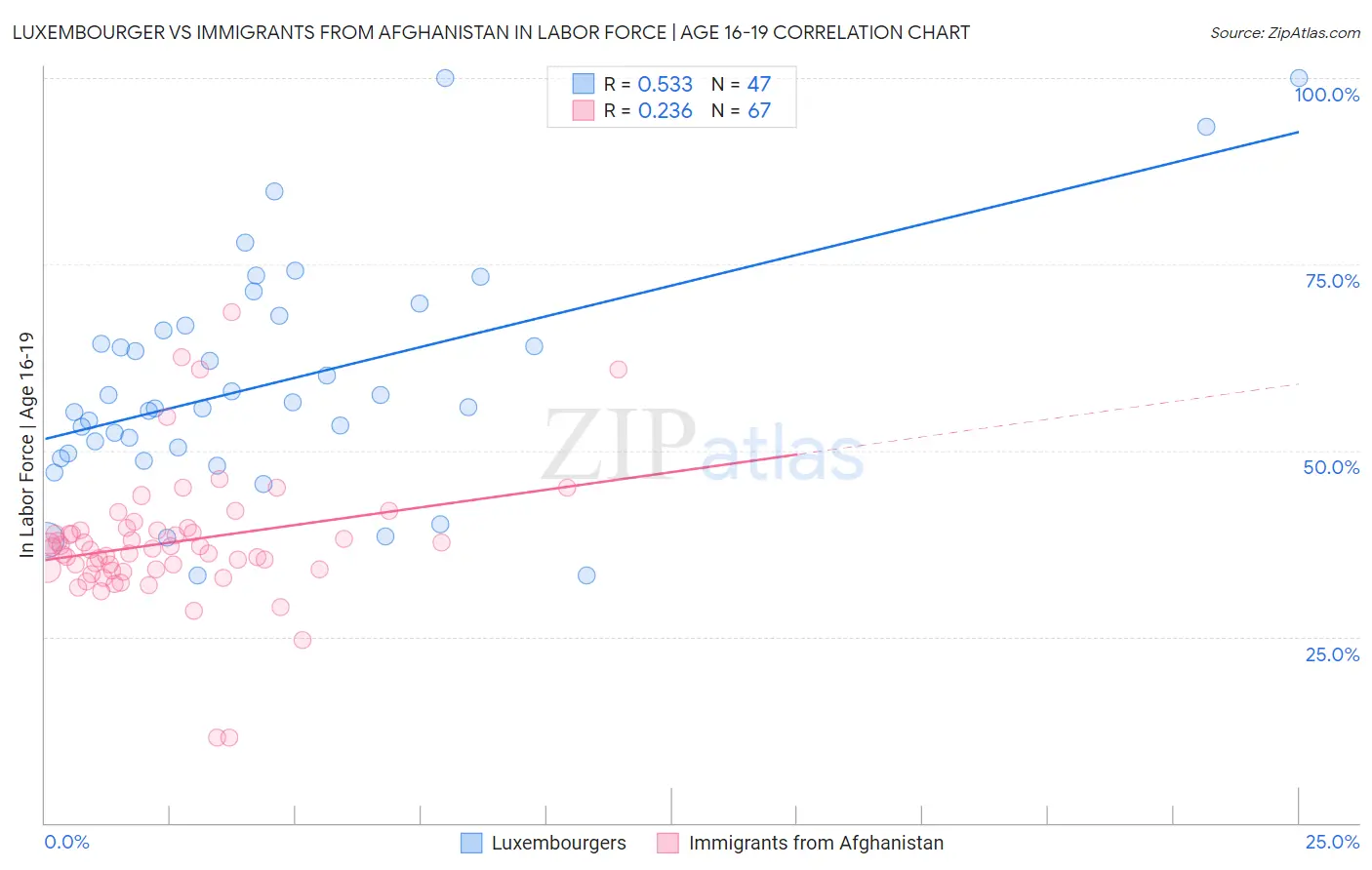 Luxembourger vs Immigrants from Afghanistan In Labor Force | Age 16-19